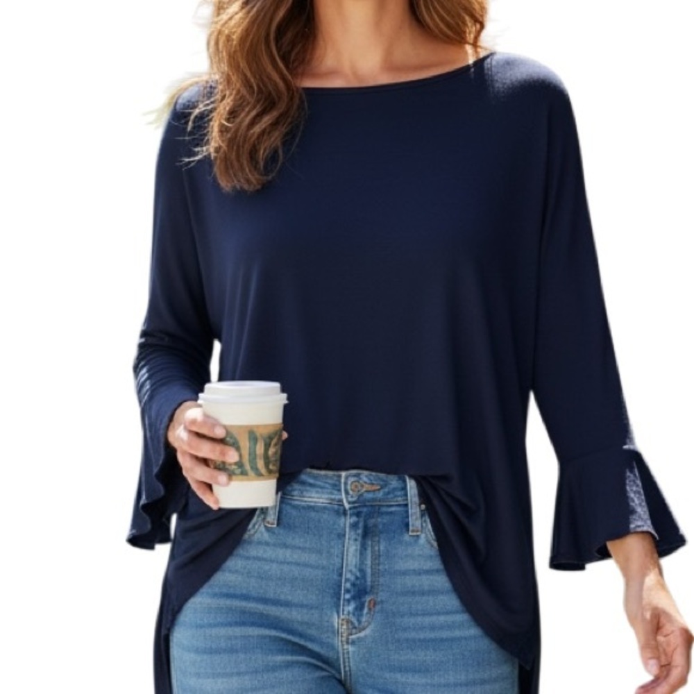 Women’s Navy Tunic Top Fluted Quarter Sleeves Oversized Classy Stretchy Medium
